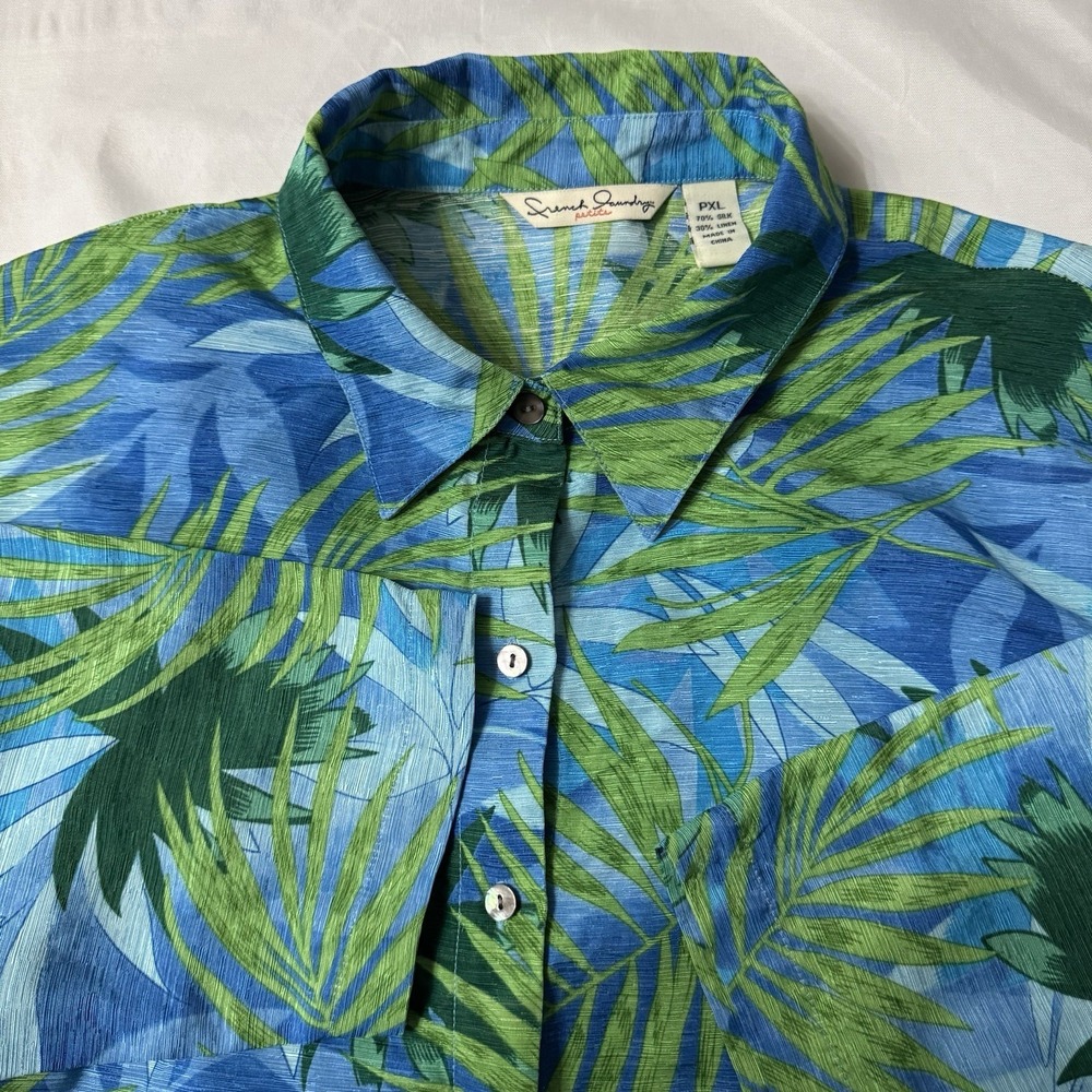 French Laundry Petite Shirt Palm Leaf Tropical Women PXL Blue Silk Linen EUC